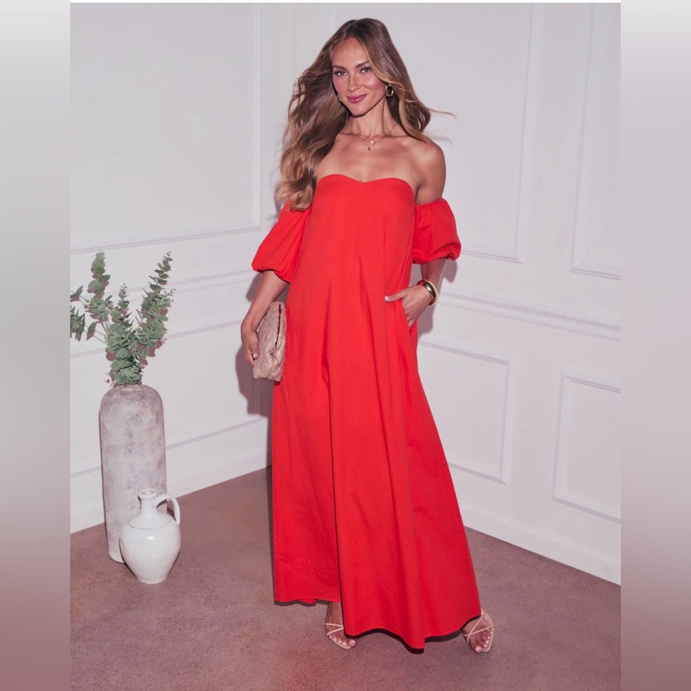 Vici Vibrant Red Dress- 	
Twilight Tides Off The Shoulder Maxi Dress - Scarlet